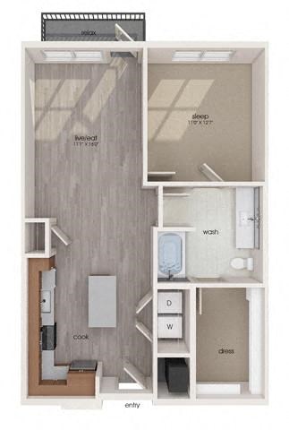 Floor plan for 1 bed, 1 bath, 793 sqft