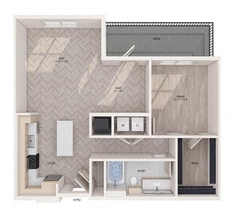 Floor plan for 1 bed, 1 bath, 881 sqft