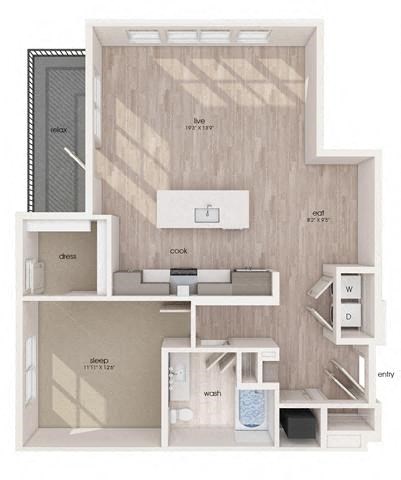 Floor plan for 1 bed, 1 bath, 992 sqft