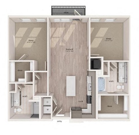Floor plan for 2 beds, 2 baths, 1052 sqft