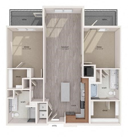 Floor plan for 2 beds, 2 baths, 1128 sqft