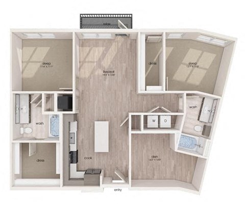 Floor plan for 2 beds, 2 baths, 1181 sqft