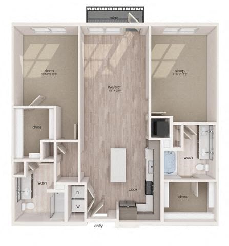 Floor plan for 2 beds, 2 baths, 1192 sqft