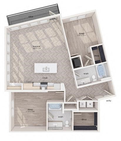 Floor plan for 2 beds, 2 baths, 1227 sqft
