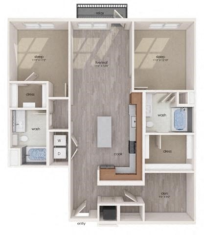Floor plan for 2 beds, 2 baths, 1238 sqft