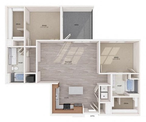 Floor plan for 2 beds, 2 baths, 1240 sqft