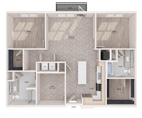 Floor plan for 2 beds, 2 baths, 1240 sqft