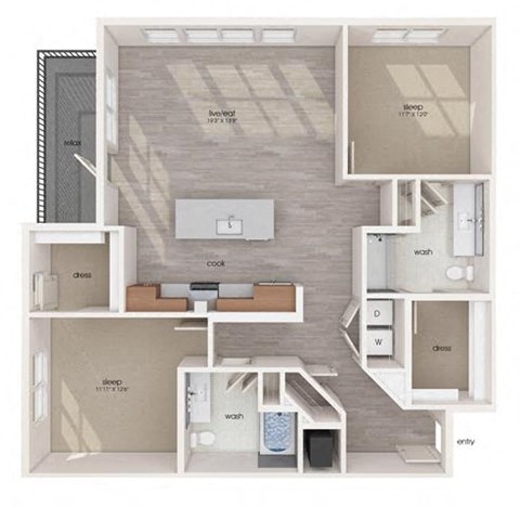 Floor plan for 2 beds, 2 baths, 1275 sqft