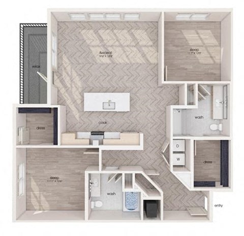 Floor plan for 2 beds, 2 baths, 1292 sqft