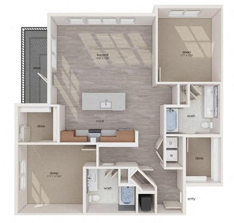 Floor plan for 2 beds, 2 baths, 1293 sqft