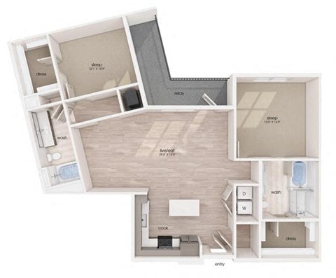 Floor plan for 2 beds, 2 baths, 1302 sqft