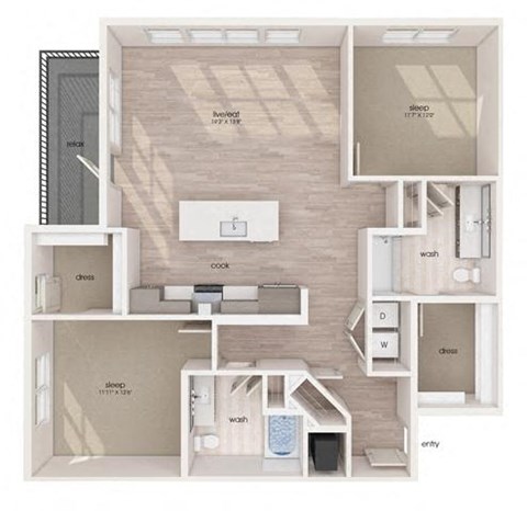 Floor plan for 2 beds, 2 baths, 1309 sqft