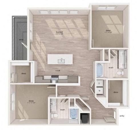 Floor plan for 2 beds, 2 baths, 1311 sqft