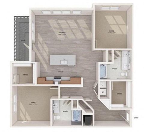Floor plan for 2 beds, 2 baths, 1327 sqft