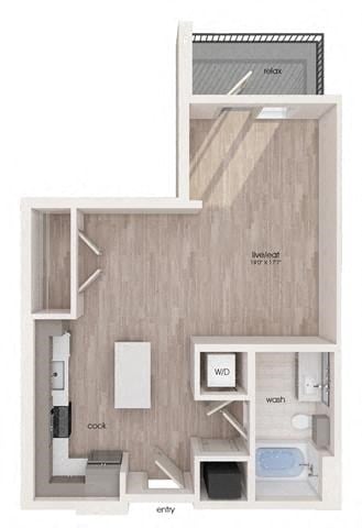 Floor plan for studio, 1 bath, 601 sqft