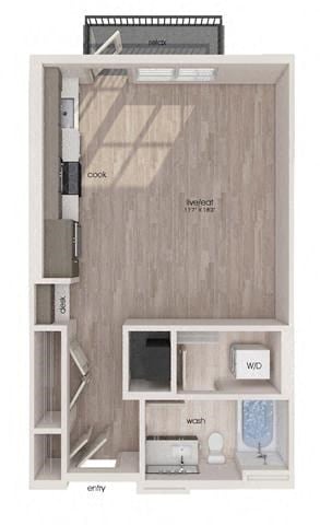 Floor plan for studio, 1 bath, 628 sqft