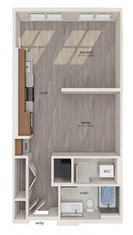 Floor plan for studio, 1 bath, 665 sqft