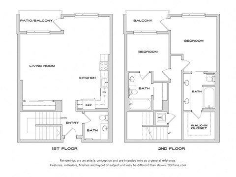 Floor plan for 2 beds, 2.5 baths, 1415 sqft