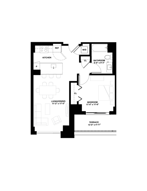 Floor plan for 1 bed, 1 bath, 633 sqft