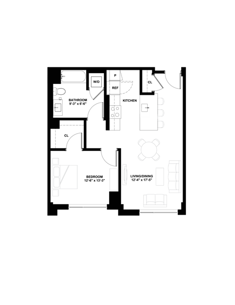 Floor plan for 1 bed, 1 bath, 718 sqft