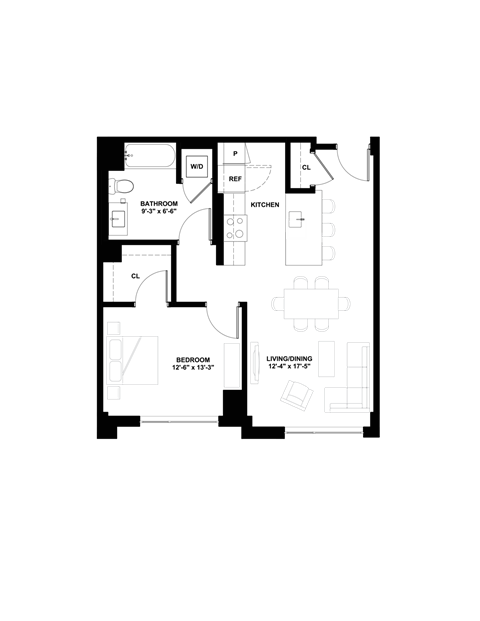 Floor plan for 1 bed, 1 bath, 718 sqft