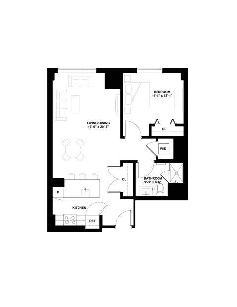 Floor plan for 1 bed, 1 bath, 739 sqft