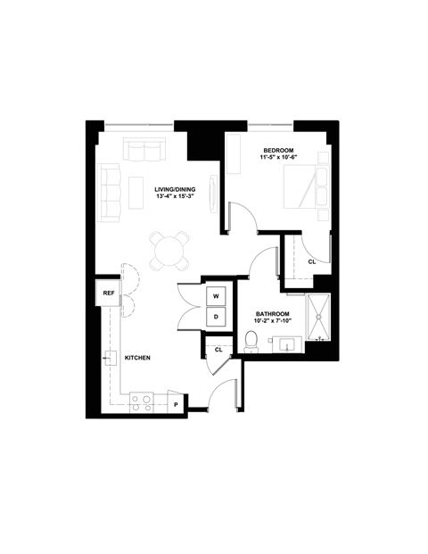Floor plan for 1 bed, 1 bath, 738 sqft