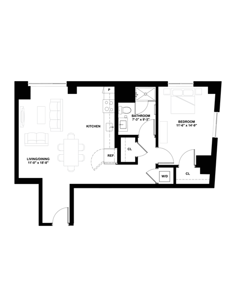 Floor plan for 1 bed, 1 bath, 792 sqft