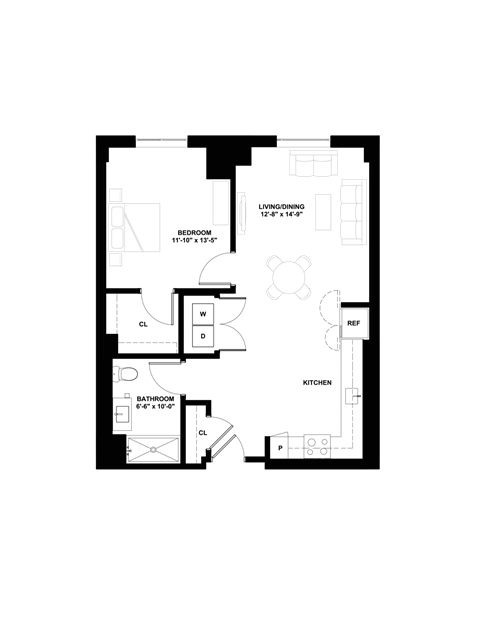 Floor plan for 1 bed, 1 bath, 800 sqft