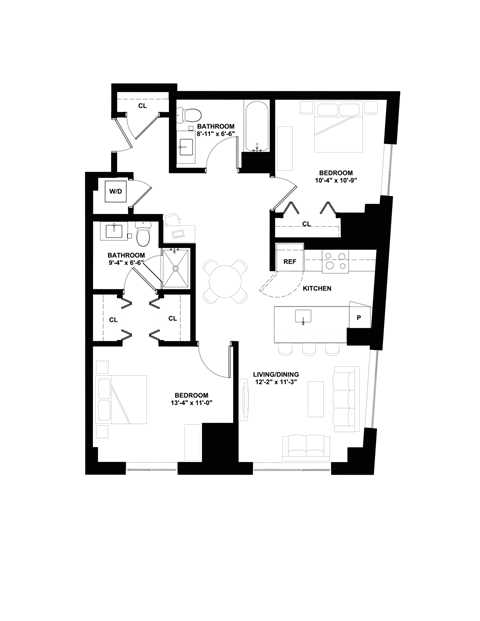 Floor plan for 2 beds, 2 baths, 961 sqft