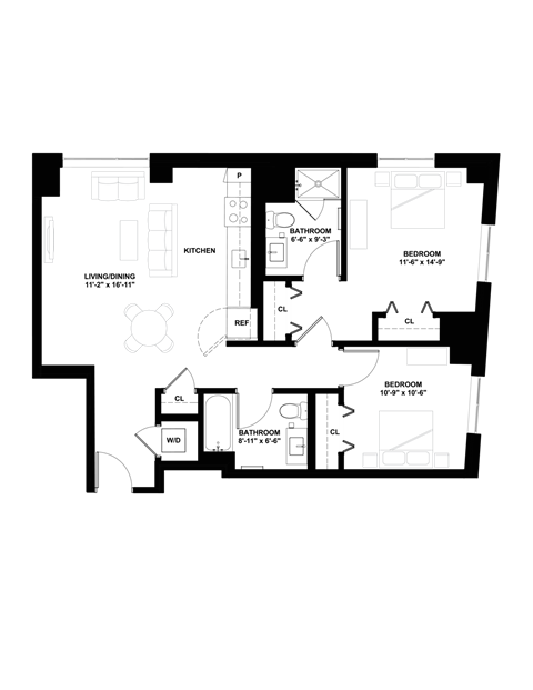 Floor plan for 2 beds, 2 baths, 979 sqft