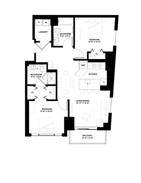 Floor plan for 2 beds, 2 baths, 1004 sqft