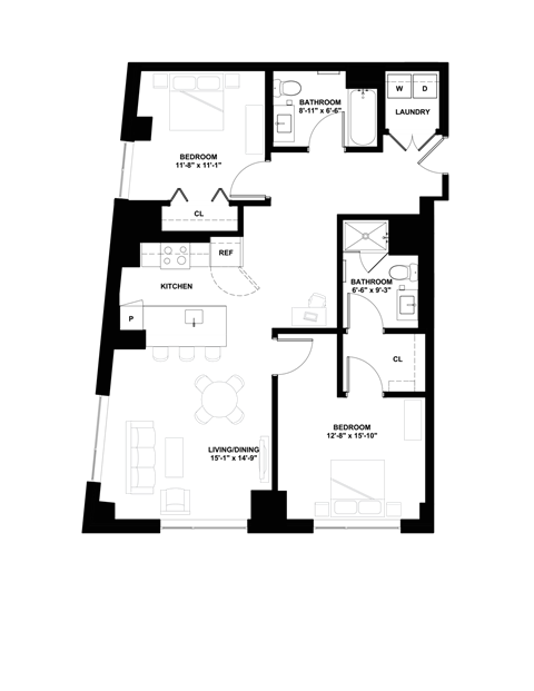 Floor plan for 2 beds, 2 baths, 1072 sqft