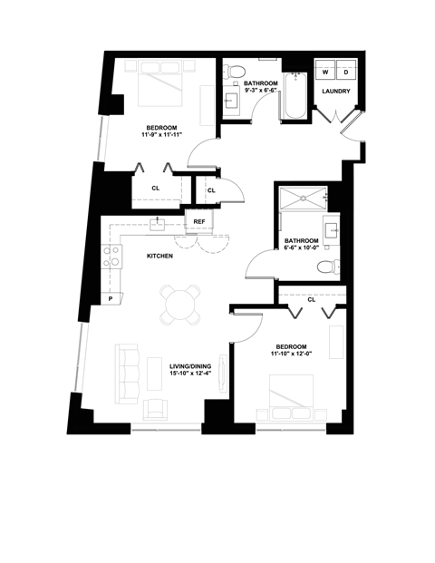 Floor plan for 2 beds, 2 baths, 1072 sqft