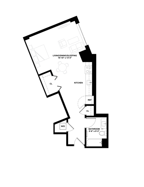Floor plan for studio, 1 bath, 594 sqft
