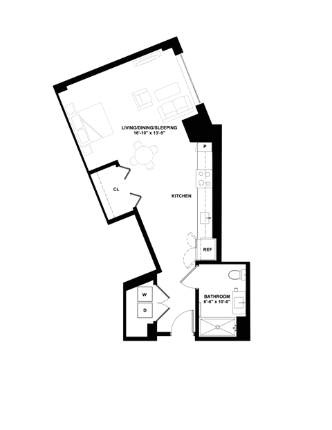 Floor plan for studio, 1 bath, 620 sqft