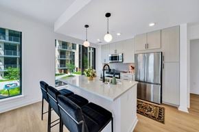 Washington apartment for rent - A kitchen with a white quartz countertop and black bar stools. Stainless steel appliances and large windows. 113 Potomac Ave SW Washington, DC 20024