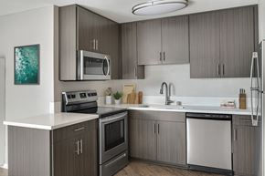 La Jolla apartment for rent - A modern kitchen with a stainless steel dishwasher and a white countertop.