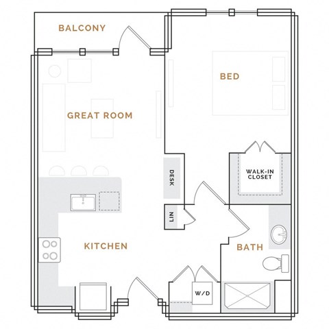 Floor plan for 1 bed, 1 bath, 933 sqft
