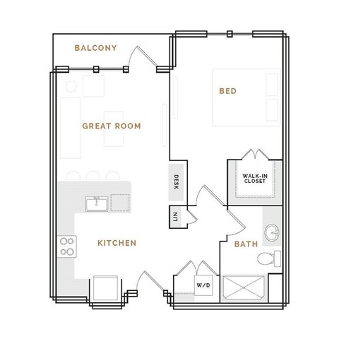 Floor plan for 1 bed, 1 bath, 793 sqft