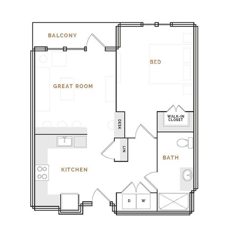 Floor plan for 1 bed, 1 bath, 838 sqft