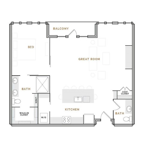 Floor plan for 1 bed, 1.5 baths, 1120 sqft