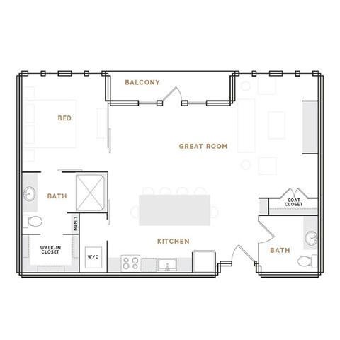 Floor plan for 1 bed, 1.5 baths, 1063 sqft
