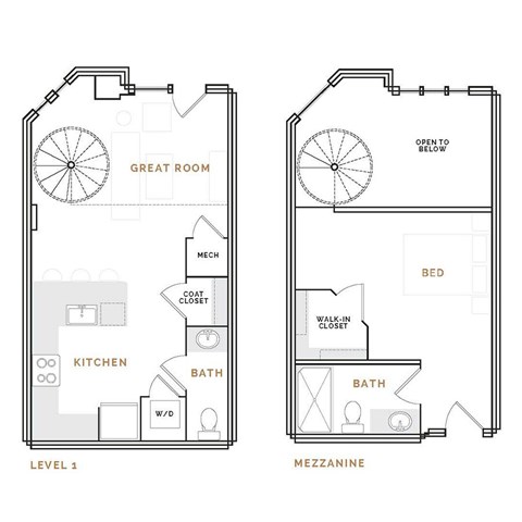 Floor plan for 1 bed, 1.5 baths, 891 sqft