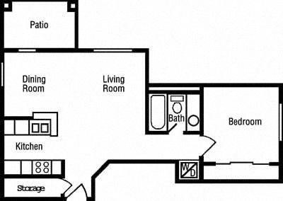 Floor plan for 1 bed, 1 bath, 600 sqft