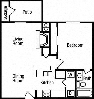 Floor plan for 1 bed, 1 bath, 620 sqft