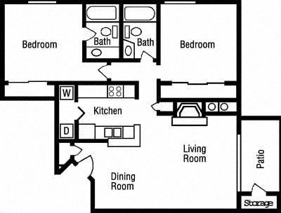 Floor plan for 2 beds, 2 baths, 950 sqft