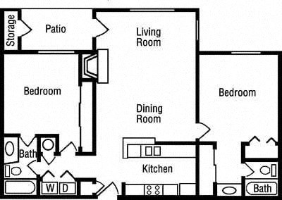 Floor plan for 2 beds, 2 baths, 1000 sqft
