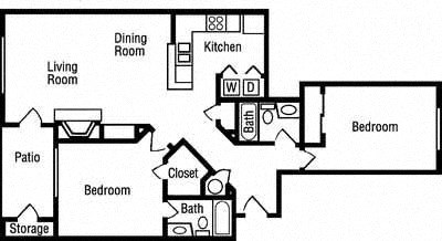 Floor plan for 2 beds, 2 baths, 1040 sqft