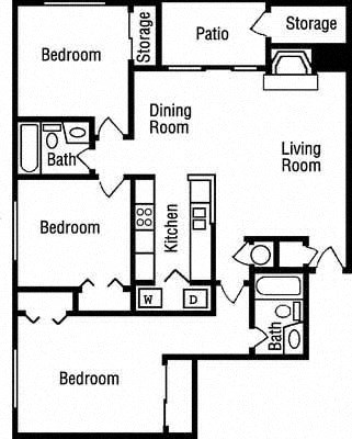 Floor plan for 3 beds, 2 baths, 1100 sqft